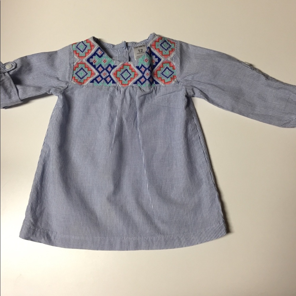 Carter’s blue/white striped dress w needlepoint
